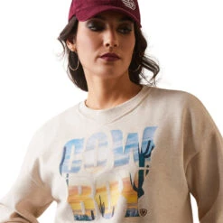 'Ariat' Women's Cowboy Crew Sweater - Oatmeal Heather -The Outdoor Clothing Shop S23 WMS WEST 10043660 detail01 1024x1024@2x
